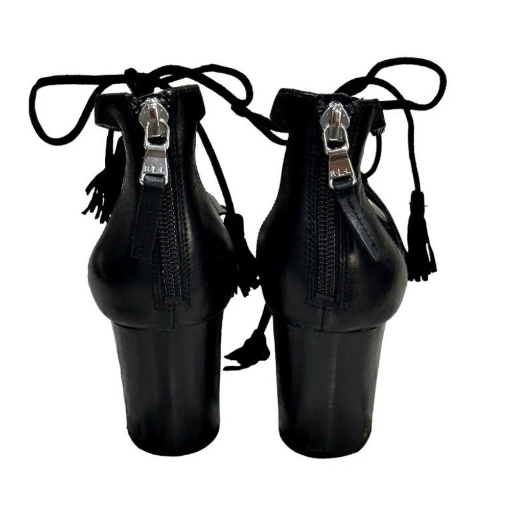Ralph Lauren Black Leather Heels Size9.5 Tassel Lace-up Open Toe Strappy - Picture 5 of 6